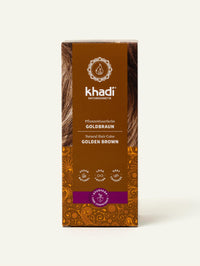 Vorderseite der Verpackung der goldbraunen Pflanzenhaarfarbe von Khadi