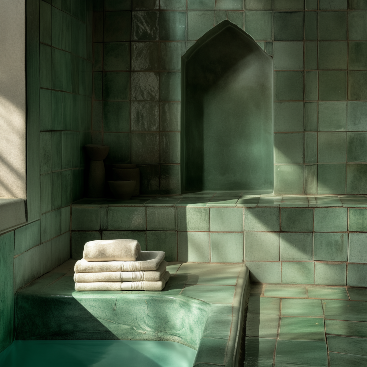 Ultra-Zoom von handgefertigten marokkanischen dunkelgrünen Fliesen